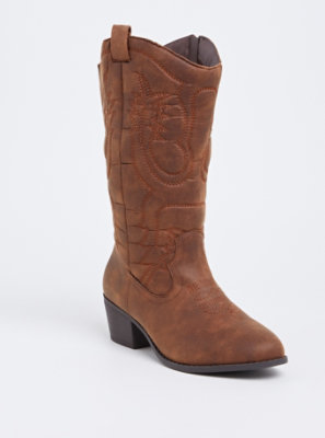 Plus Size - Brown Faux Leather Stitched Knee-High Western Boot (WW & Wide To Extra Wide Calf ...
