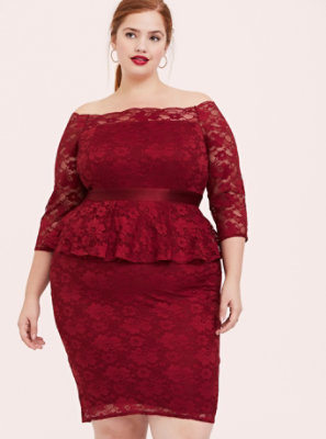 Plus Size - Special Occasion Dark Red Lace Off Shoulder Peplum Shift ...