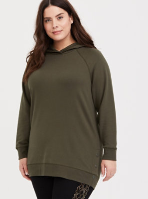 Plus Size - Olive Green Fleece Snap-Button Hem Tunic Hoodie - Torrid