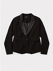 Black Satin Collar Tuxedo Blazer, DEEP BLACK, hi-res
