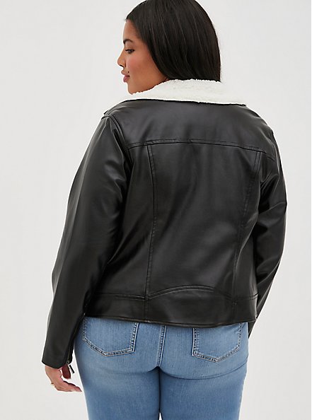 Faux Leather Sherpa Line Moto Jacket, DEEP BLACK, alternate