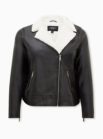 Faux Leather Sherpa Line Moto Jacket, DEEP BLACK, hi-res