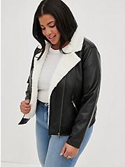 Plus Size Sherpa Lined Moto Jacket - Faux Leather Black, DEEP BLACK, alternate