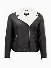 Plus Size Sherpa Lined Moto Jacket - Faux Leather Black, DEEP BLACK, hi-res