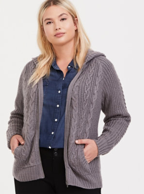 cable knit zip front cardigan