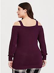 Burgundy Purple Cable Knit Open Shoulder Tunic, HIGHLAND THISTLE, alternate