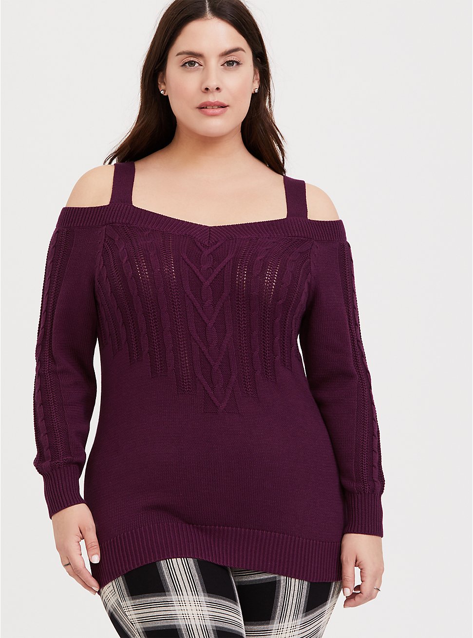 Burgundy Purple Cable Knit Open Shoulder Tunic, HIGHLAND THISTLE, hi-res