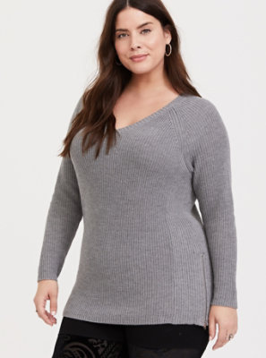 Plus Size - Grey Raglan Sleeve Ribbed Pullover Tunic - Torrid