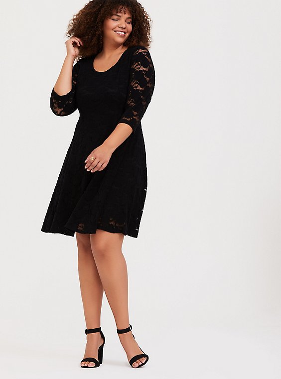 Plus Size - Black Lace Fluted Dress ...