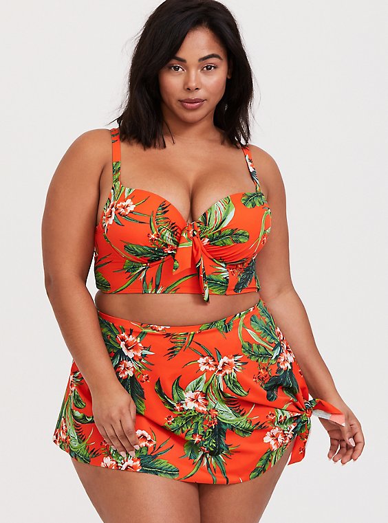Orange Tropical Print Tie-Front Push-Up Balconette Bikini Top