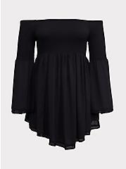 Smocked Off Shoulder Dress Swim Cover Up - Crinkle Gauze Black, DEEP BLACK, hi-res