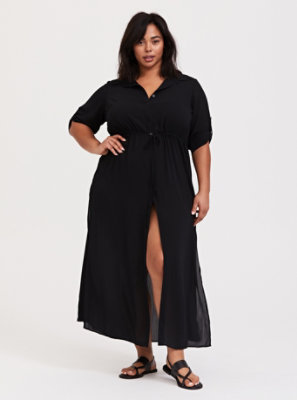 Plus Size - Black Crinkled Maxi Shirt Dress Swim Cover-Up - Torrid
