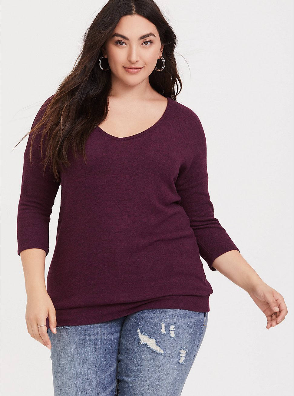 Plus Size - Burgundy Purple Brushed Hacci Dolman Pullover Sweater Top ...