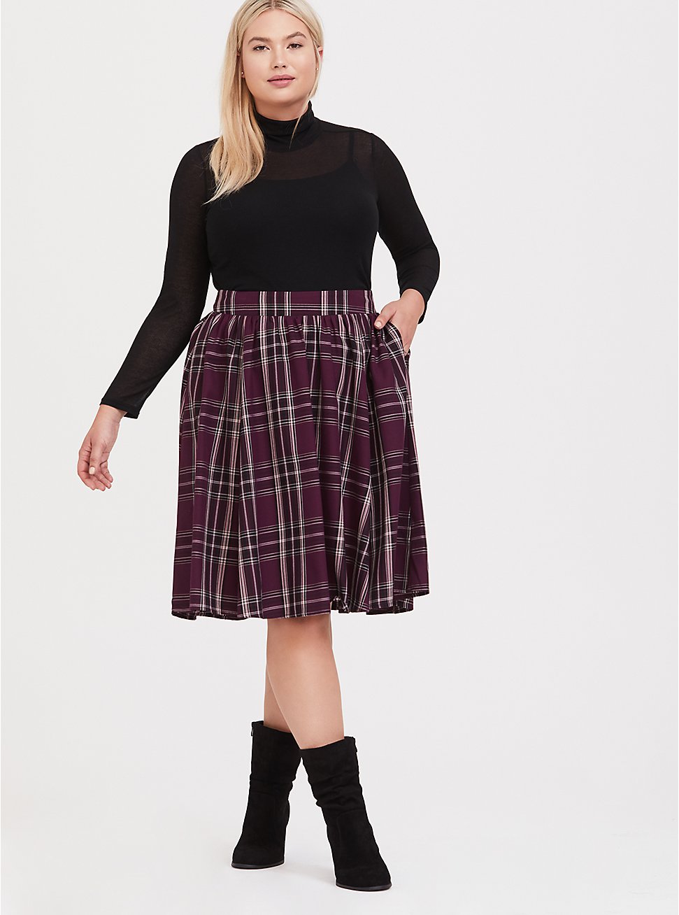 Plus Size - Burgundy Purple Plaid Twill Midi Skirt - Torrid