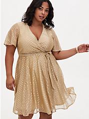 Plus Size Gold Metallic Polka Dot Mesh Wrap Dress, GOLD, alternate