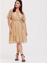 Plus Size Gold Metallic Polka Dot Mesh Wrap Dress, GOLD, hi-res