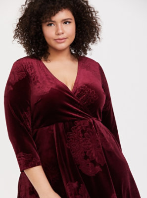 Plus Size - Burgundy Red Velvet Floral Surplice Wrap Dress - Torrid