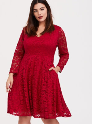 Plus Size - Dark Red Lace V-Neck Skater Dress - Torrid