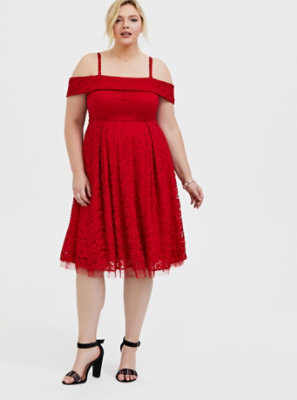 Plus Size - Red Lace Cold Shoulder Skater Dress - Torrid