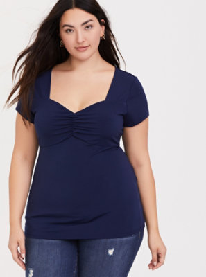 Plus Size - Navy Studio Knit Ruched Sweetheart Neck Tee - Torrid