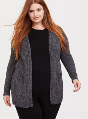 Plus Size - Dark Grey Marled Knitted Open Front Cardigan - Torrid
