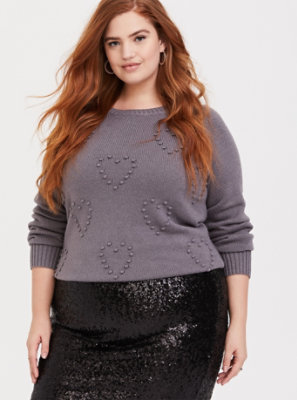 Plus Size - Grey Rib Textured Heart Raglan Sweater - Torrid
