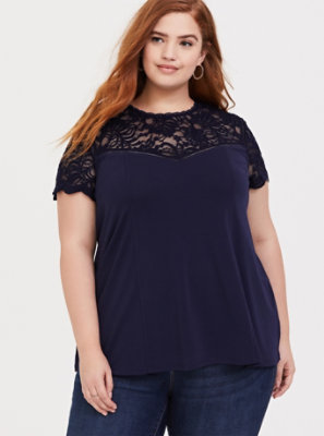 Plus Size - Navy Crepe Lace Sleeve Top - Torrid