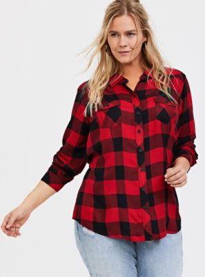 Plus Size - Taylor - Red Plaid Twill Button Front Slim Fit Shirt - Torrid
