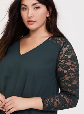 Plus Size - Forest Green Georgette Lace Sleeve Blouse - Torrid