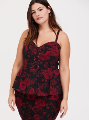 Plus Size - Black & Red Floral Bengaline Lace-Up Peplum Midi Top - Torrid