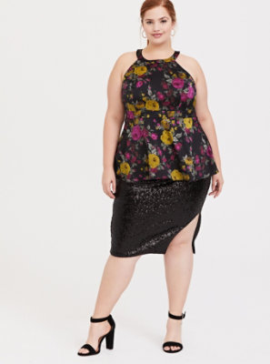 Plus Size Black Floral Satin Peplum Top Torrid