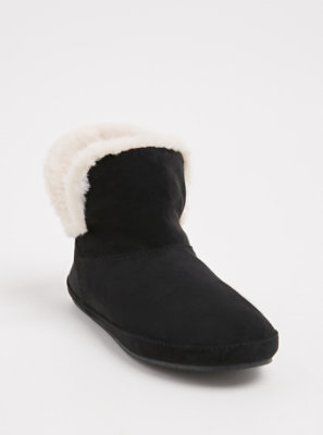 Plus Size - Black Faux Suede & Faux Fur Fold-Over Bootie Slipper (WW ...