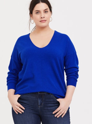 Plus Size - Electric Blue Sweater-Knit Dropped Shoulder Top - Torrid