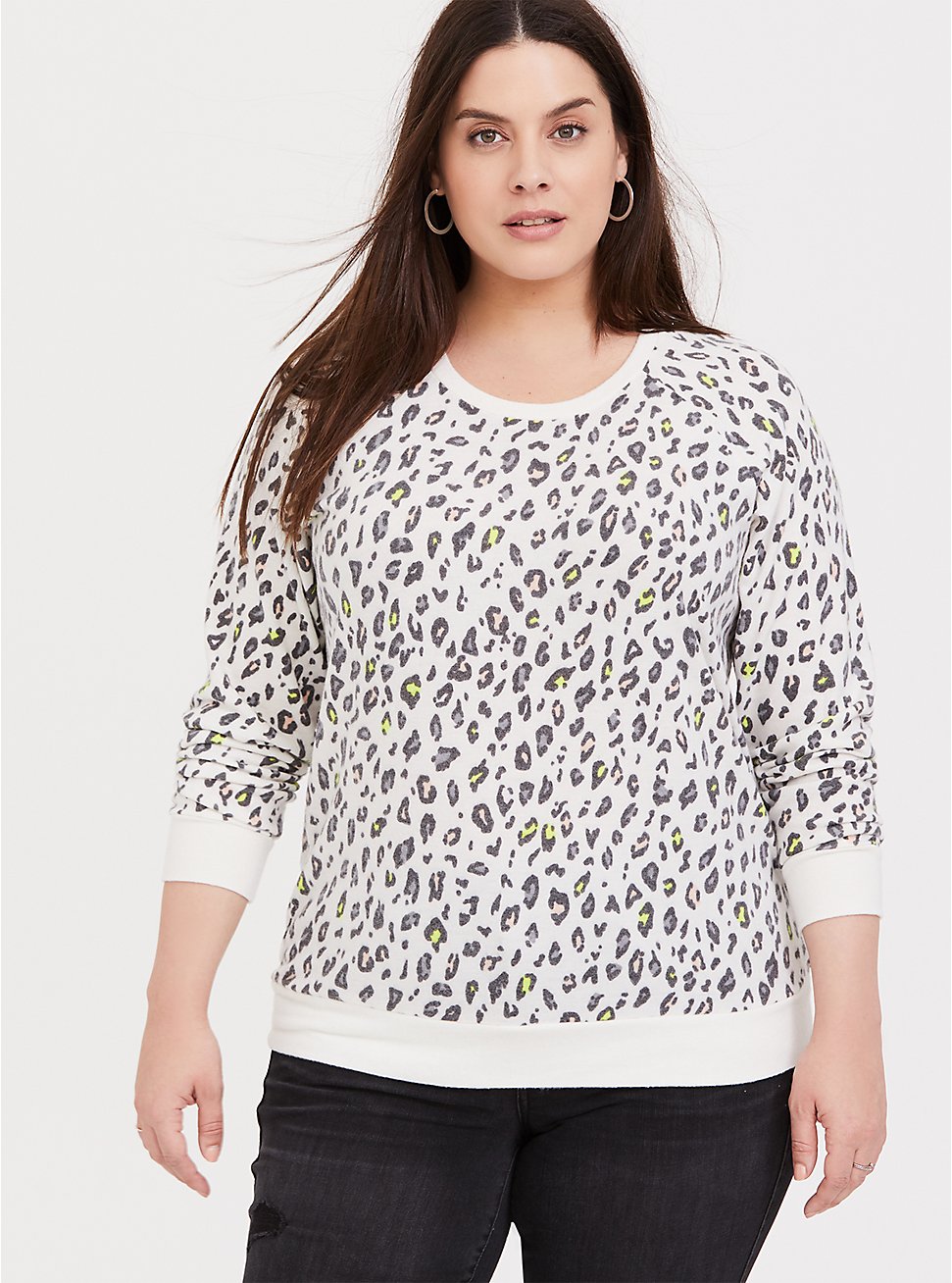 Plus Size Super Soft Plush Neon Leopard Sweatshirt, LEOPARD-WHITE, hi-res