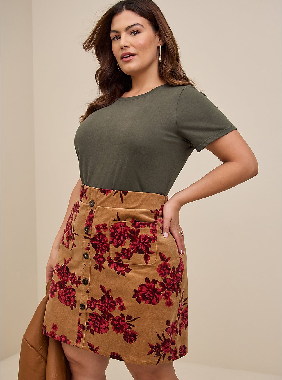 Mini Corduroy Button-Front Skirt, FLORAL BROWN, hi-res