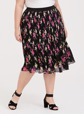 Plus Size - Black Floral Chiffon Pleated Midi Skirt - Torrid