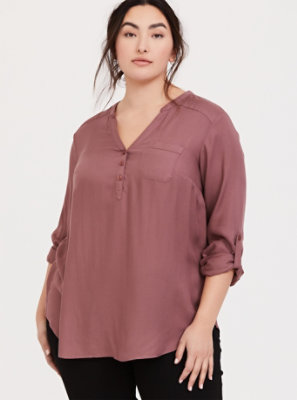 Plus Size - Walnut Brown Twill Long Sleeve Pullover Tunic Blouse - Torrid