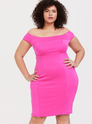 Plus Size - Neon Pink Scuba Knit Off Shoulder Bodycon Dress - Torrid