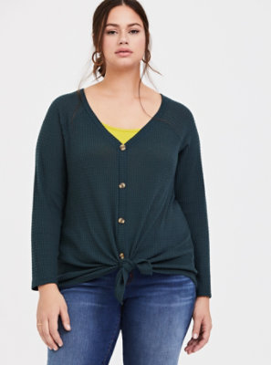Plus Size - Dark Green Waffle Knit Button Front Long Sleeve Tee - Torrid
