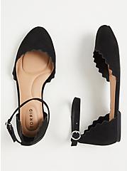Plus Size Black Faux Suede Ankle Strap Scalloped Flat (WW), BLACK, hi-res