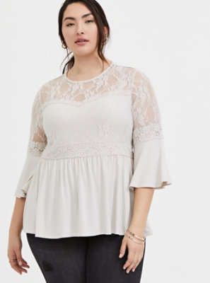 Plus Size - Super Soft & Lace Ivory Bell Sleeve Babydoll Top - Torrid