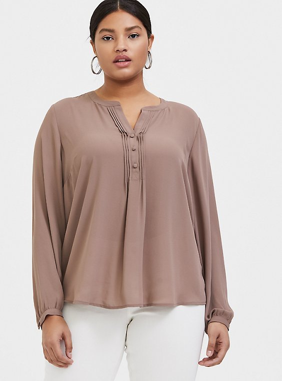 Plus Size - Dark Taupe Georgette Pintuck Button Down Blouse - Torrid