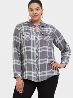 Plus Size - Taylor - Grey Plaid Twill Button Front Slim Fit Shirt - Torrid