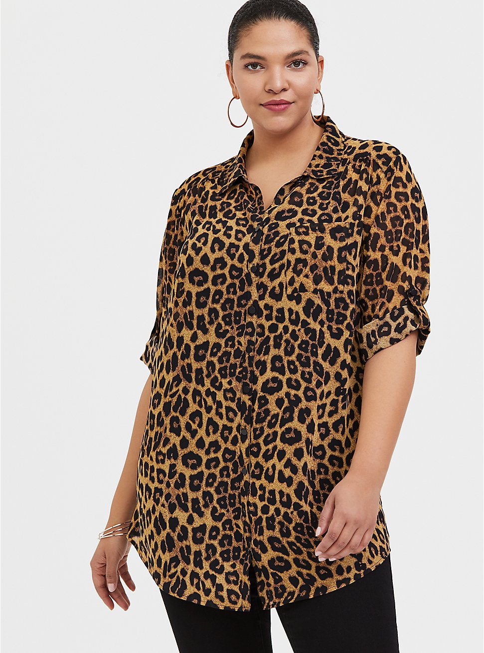 Plus Size - Leopard Print Chiffon Button Front Tunic Blouse - Torrid