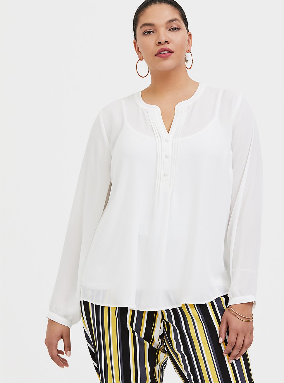 Plus Size - White Georgette Pintuck Button Pullover Blouse - Torrid