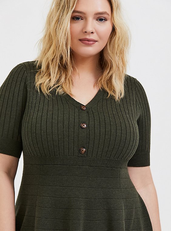 Olive Green Sweater-Knit Button Skater ...
