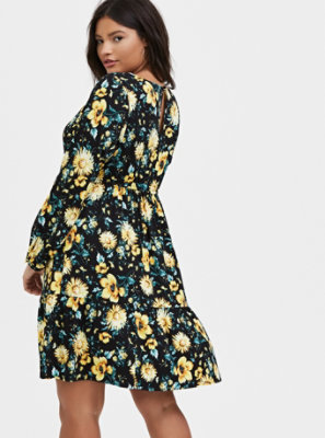 Plus Size - Black & Yellow Floral Challis Drawstring Skater Dress - Torrid