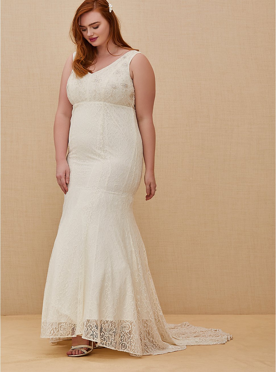 Ivory Lace Beaded Sleeveless Mermaid Wedding Dress, CLOUD DANCER, hi-res