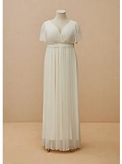 Plus Size Ivory Mesh Flutter Sleeve Empire Wedding Dress, CLOUD DANCER, alternate