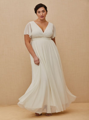Plus Size - Ivory Mesh Flutter Sleeve Empire Wedding Dress - Torrid